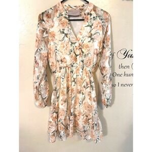 White Closet Elements Floral Mini Dress Peach Rose Long Sleeve Pocket romantic S